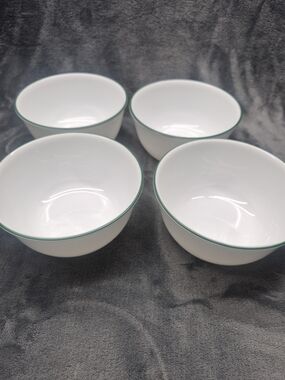 Classic White Ceramic Bowls with Green Rim - Set of 4